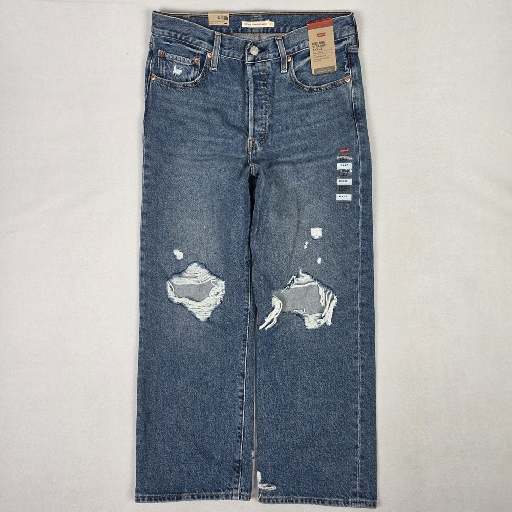 Levis Ribcage Straight Ankle Womens 31x27 Blue Distressed Skater Grunge Wide Leg